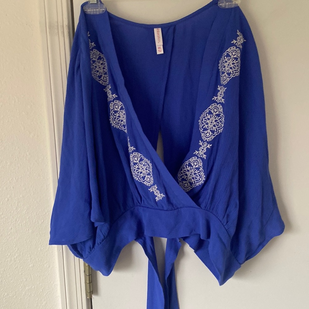 Super cool sexy gauzy cobalt lapis blue festival wrap style butterfly sleeve top